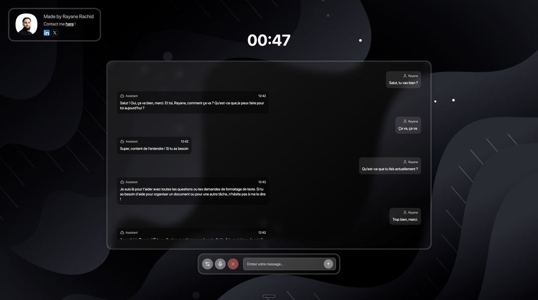 Interface de Chat IA - Système de conversation intelligente avec timer et bulles de messages développé par Rayane Rachid