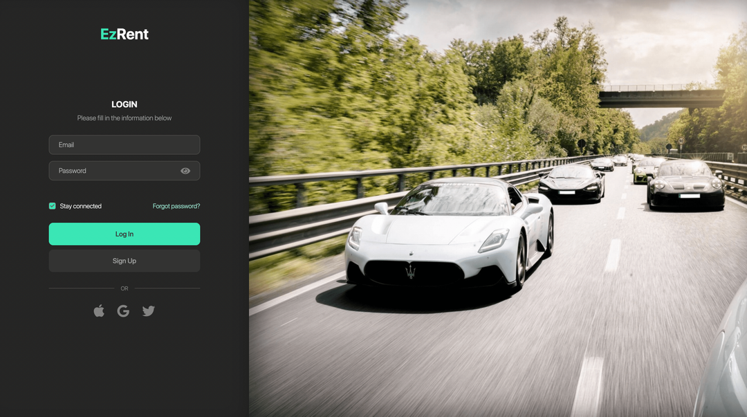Interface de Connexion Automobile - Plateforme de location de voitures de luxe avec authentification sécurisée développée par Rayane Rachid